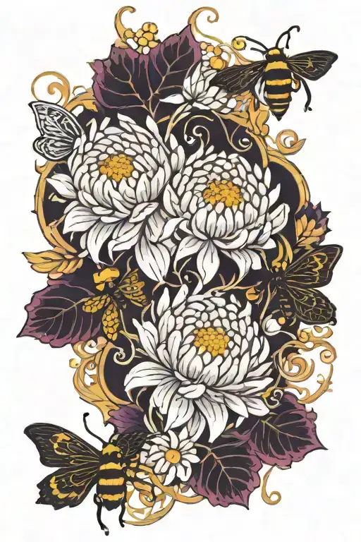 magenta-gold chrysanthemum with white honeysuckle and vines, bees and honeycomb  tattoo design idea