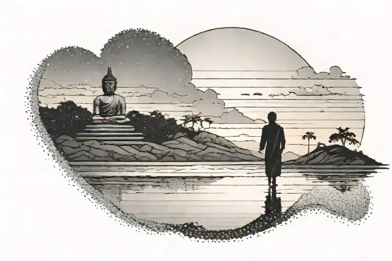 A peaceful scene of a person walking along a tranquil beach at sunset, with a silhouette of a Buddha statue in the distance tattoo design idea