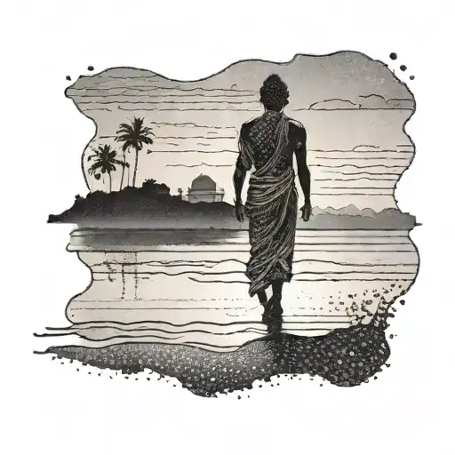 A peaceful scene of a person walking along a tranquil beach at sunset, with a silhouette of a Buddha statue in the distance tattoo design idea