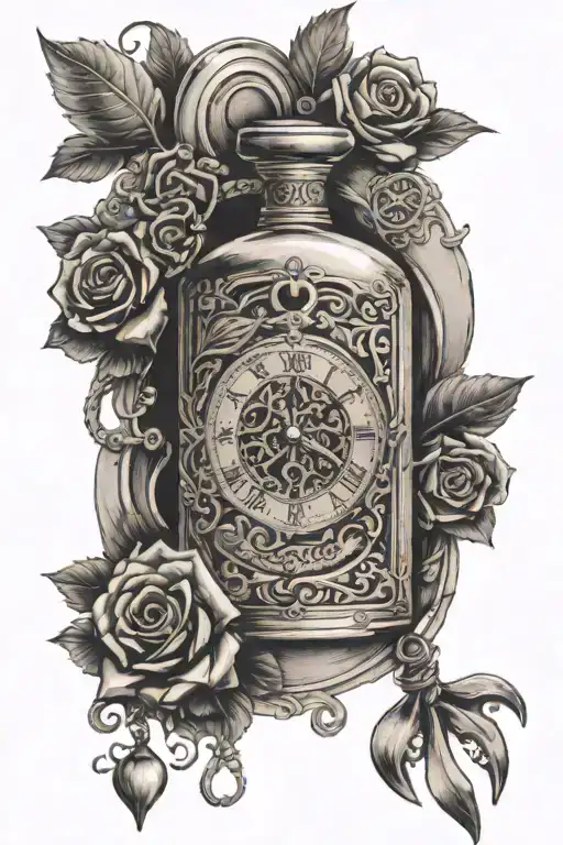 a bottle of wine, with an elegant golden pocket watch, trick cards, a heart and"family comes first" tattoo design idea