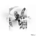 A mystical condor flying over a Tikal temple in a black-grey style tattoo design idea