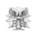 A mystical condor flying over a Tikal temple in a black-grey style tattoo design idea