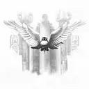 A mystical condor flying over a Tikal temple in a black-grey style tattoo design idea