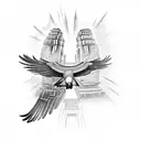 A mystical condor flying over a Tikal temple in a black-grey style tattoo design idea