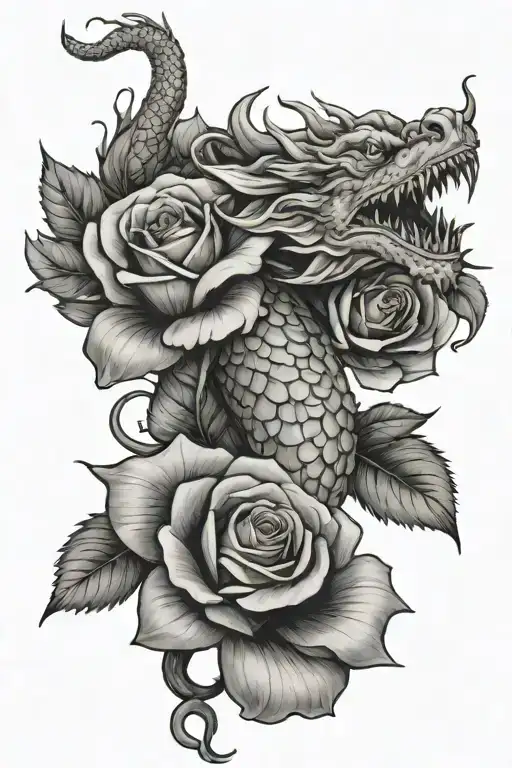 rose and stem with a Japanese dragon wrapped tattoo design idea