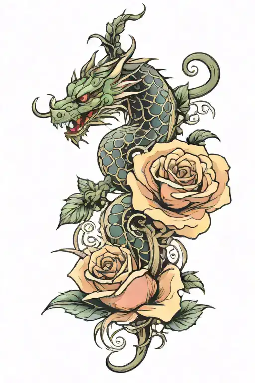 rose and stem with a Japanese dragon wrapped tattoo design idea