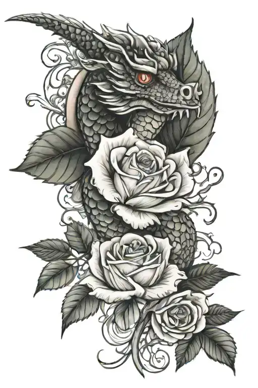 rose and stem with a Japanese dragon wrapped tattoo design idea