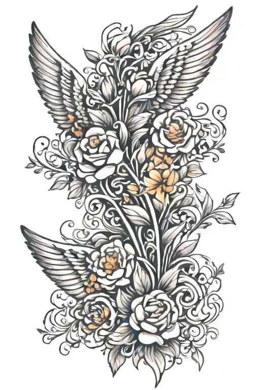 angel wings with floral and the pintail J  tattoo design idea