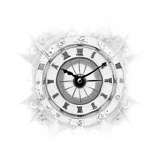 A sketch-style tattoo of a celestial clock with Egyptian gods and the number 27 as the time tattoo design idea