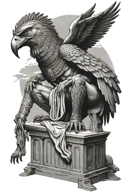 Horus seated on a throne next to an obelisk rising on a desert tattoo design idea