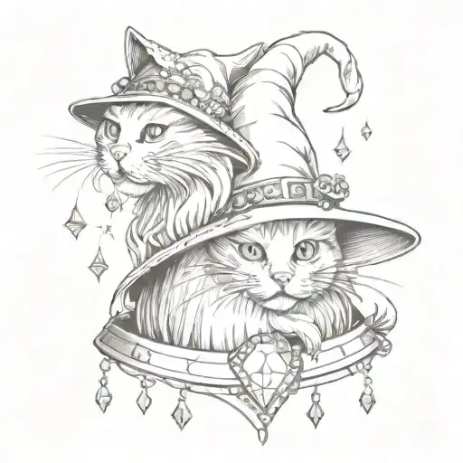 cats witches hat with crystals tattoo design idea