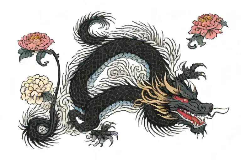 japanese dragon with traditional waves surrounded by peony tattoo design idea