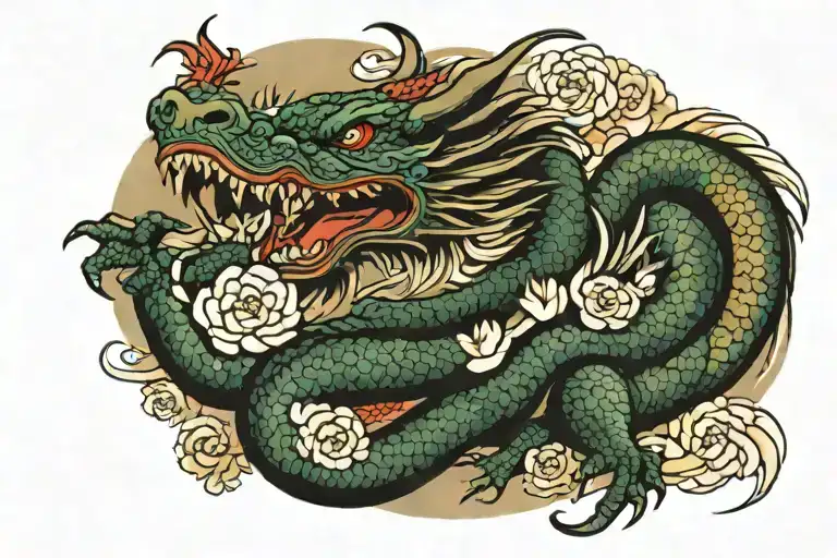 japanese long res dragon with traditional waves surrounded by peony tattoo design idea
