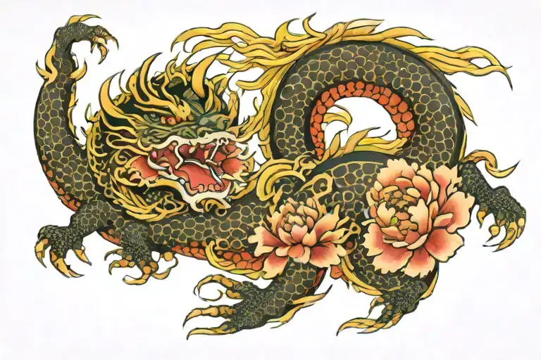 japanese dragon with traditional waves surrounded by peony tattoo design idea