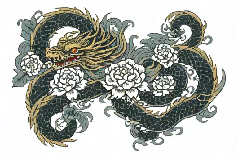 japanese long res dragon with traditional waves surrounded by peony tattoo design idea