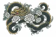 japanese long res dragon with traditional waves surrounded by peony tattoo design idea