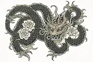 japanese long res dragon with traditional waves surrounded by peony tattoo design idea