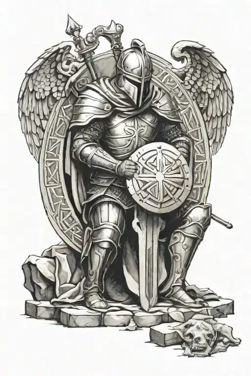 kneeling templar knight with sword & shield with head bowed and council of greek gods in a circle around him judging him tattoo design idea