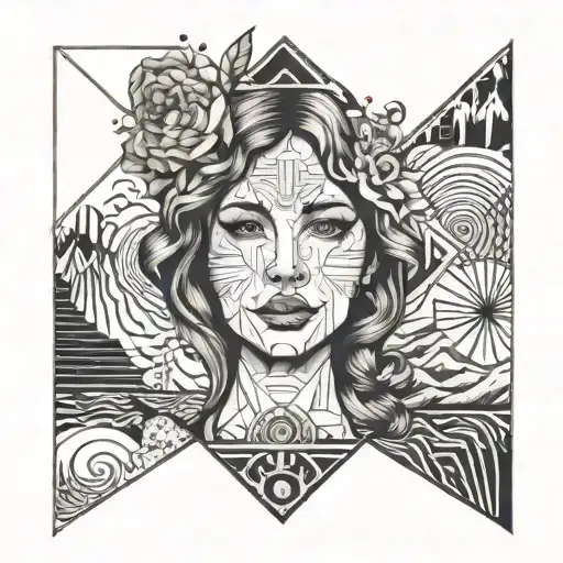 womans face with alaska scene and beaech scene tattoo design idea