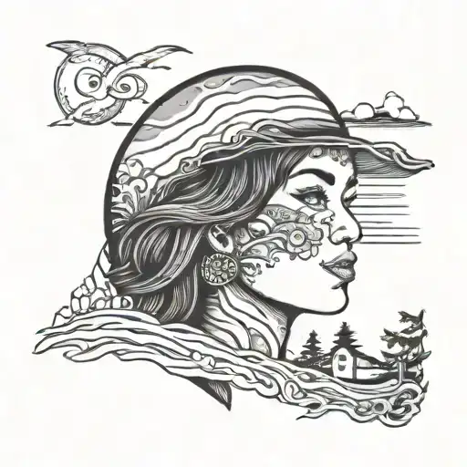 womans face with alaska scene and beach scene featuring tattoo design idea