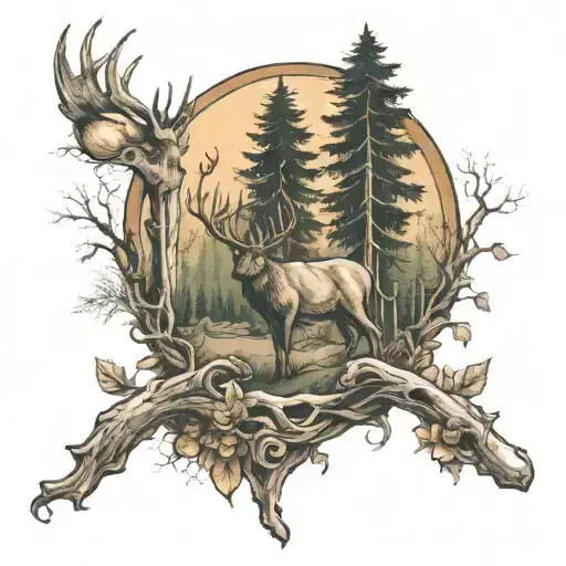 Forest and hunting scene tattoo design idea