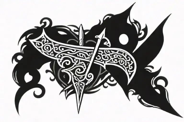 double pointed sword with arabic calligraphy tattoo design idea