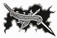 double pointed sword with arabic calligraphy tattoo design idea