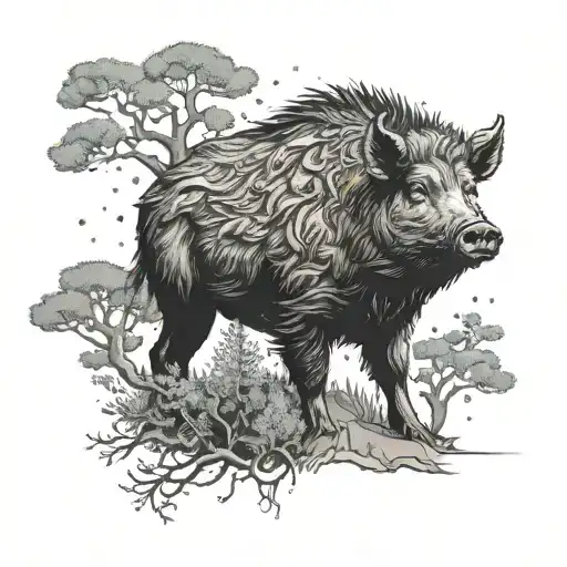 a boar under a juniper tree with a wren in its branchrs tattoo design idea