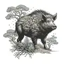 a boar under a juniper tree with a wren in its branchrs tattoo design idea