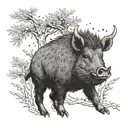 a boar under a juniper tree with a wren in its branchrs tattoo design idea