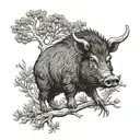 a boar under a juniper tree with a wren in its branchrs tattoo design idea