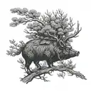 a boar under a juniper tree with a wren in its branchrs tattoo design idea