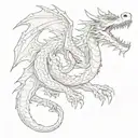 dragon wrapped around a dog paw print filled tattoo design idea