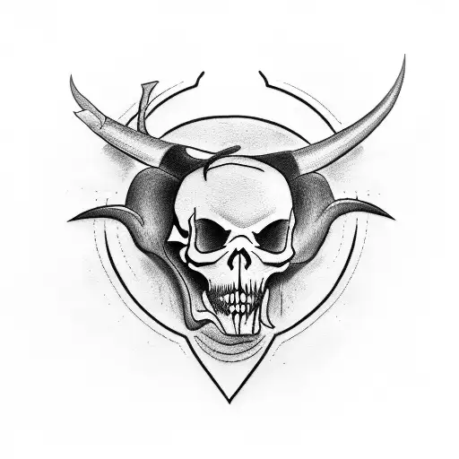 A tattoo of a sinister reaper holding a bull's skull in blackwork style tattoo design idea