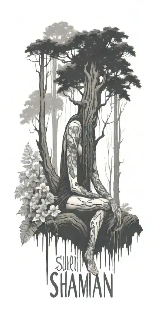 create a tattoo sleeve with a shaman resting against a droopy tree in a dark forest.  Add floral elements.  Use artwork  tattoo design idea