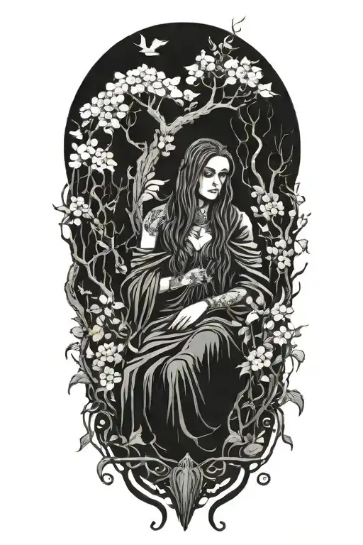 druid resting in dark forest with floral elements.  Inspired by love of nature tattoo design idea