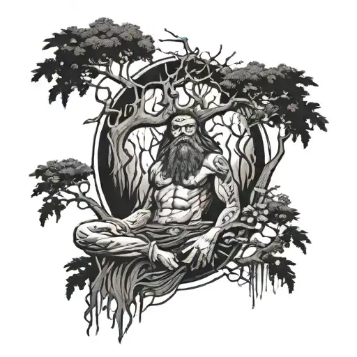 create a tattoo sleeve with a shaman resting against a droopy tree in a dark forest.  Add floral elements.  Use artwork  tattoo design idea