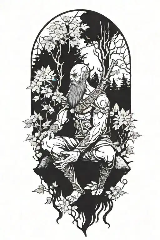 druid resting in dark forest with floral elements.  Inspired god of war tattoo design idea