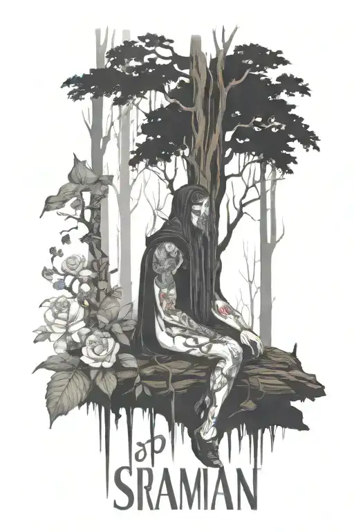 druid resting in dark forest with floral elements.  Inspired by love of nature tattoo design idea