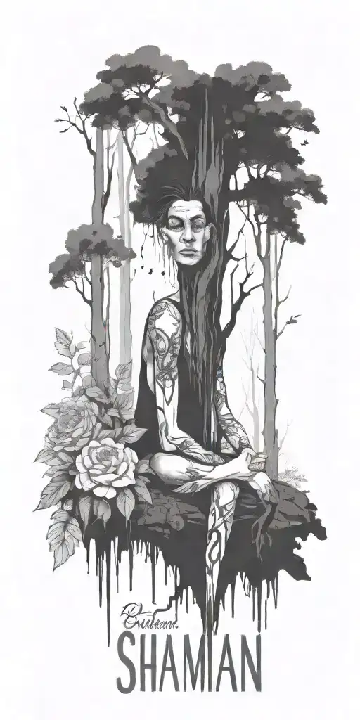 create a tattoo sleeve with a shaman resting against a droopy tree in a dark forest.  Add floral elements.  Use artwork  tattoo design idea