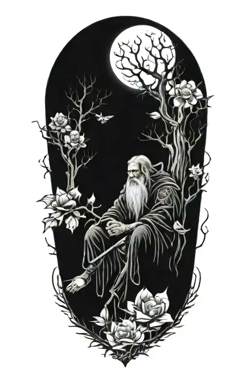 druid resting in dark forest with floral elements.  Inspired by love of nature tattoo design idea