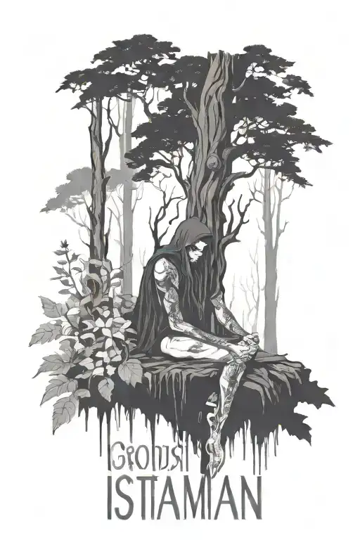 create a tattoo sleeve with a druid resting against a droopy tree in a dark forest.  Add floral elements.  Use artwork  tattoo design idea