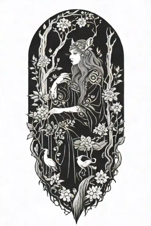 druid resting in dark forest with floral elements.  Inspired by freya tattoo design idea