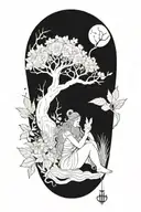 druid resting in dark forest with floral elements.  Inspired by freya tattoo design idea