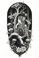 druid resting in dark forest with floral elements.  Inspired by freya tattoo design idea