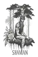create a tattoo sleeve with a shaman resting against a droopy tree in a dark forest.  Add floral elements.  Use artwork  tattoo design idea