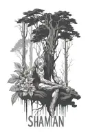 create a tattoo sleeve with a shaman resting against a droopy tree in a dark forest.  Add floral elements.  Use artwork  tattoo design idea