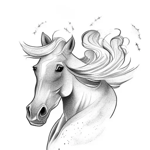 A tattoo design of a horse galloping under a sky filled with northern lights, capturing the beauty of nature and movement tattoo design idea