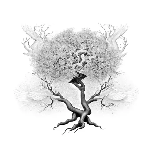garden of Eden apple tree with the roots in the shape of wings tattoo design idea