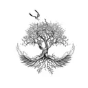 garden of Eden apple tree with the roots in the shape of wings tattoo design idea